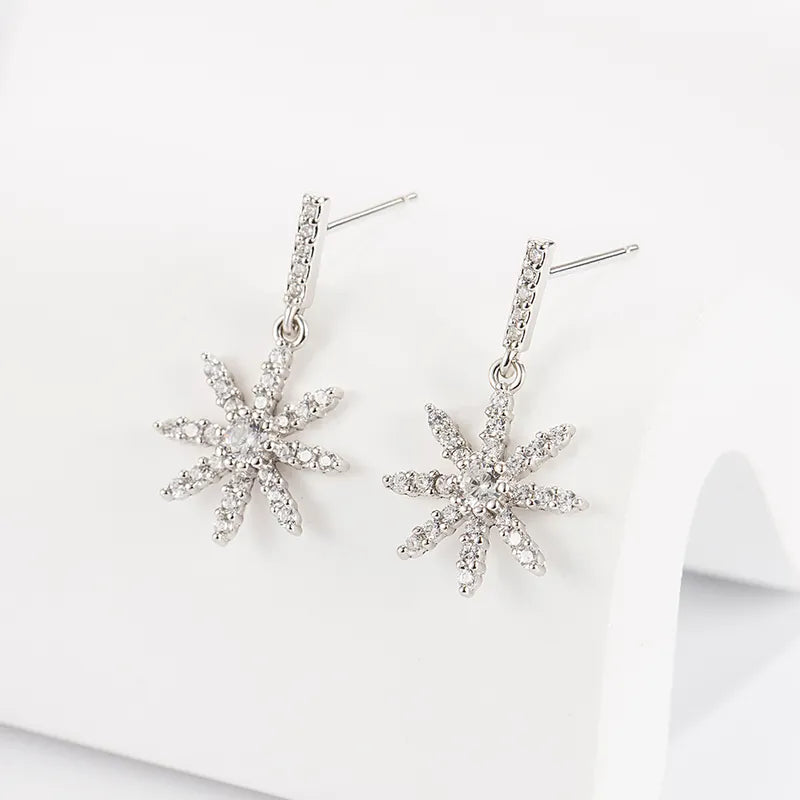 Snowflake Sterling Silver Zircon White Gold Plated Drop Earrings