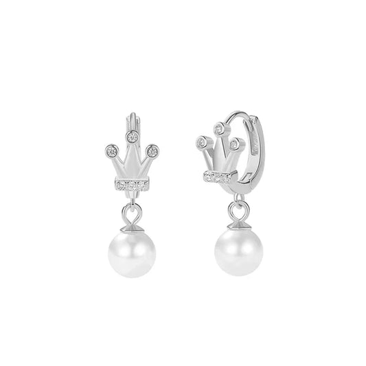 925 Sterling Silver Crown Hoop Pearl Dangle Drop Earring