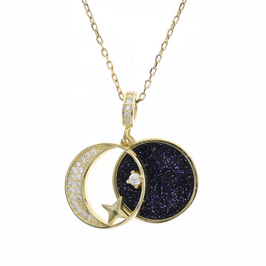 Sterling Silver Moon and Star Universe Pendant Necklace