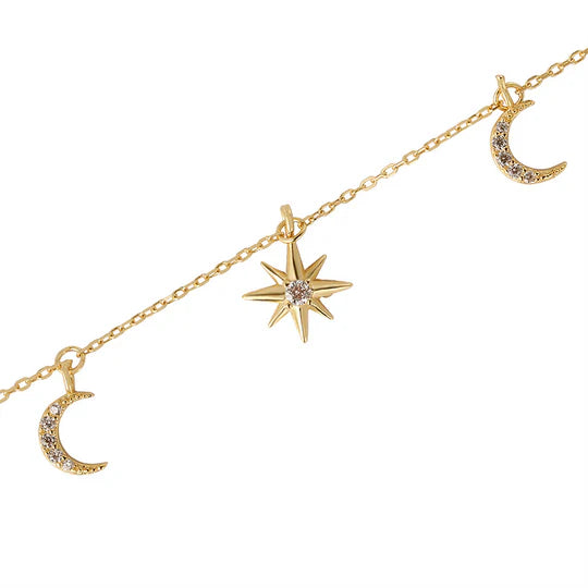 Sterling Silver 925 Star and Crescent Moon Charms Pendant Necklace