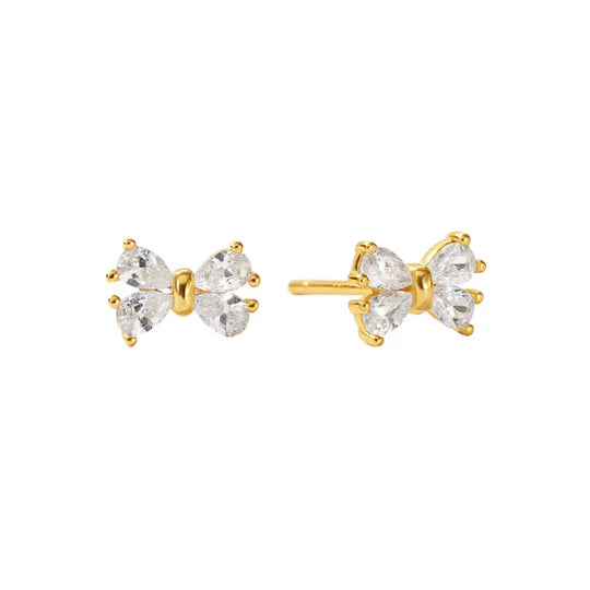 Gold Bow Stud Earrings Pave Cubic Zirconia