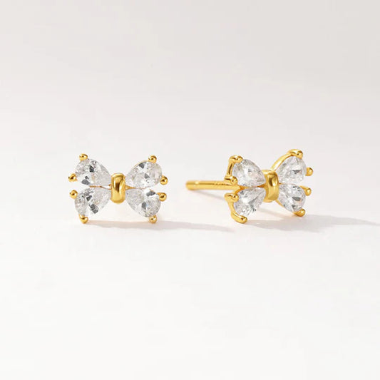 Gold Bow Stud Earrings Pave Cubic Zirconia